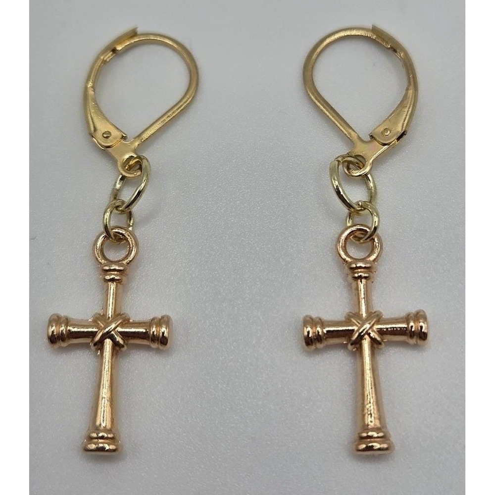 Handmade Earrings Gold Toned Cross Leverback Hypoallergenic # - Picture 4 of 8